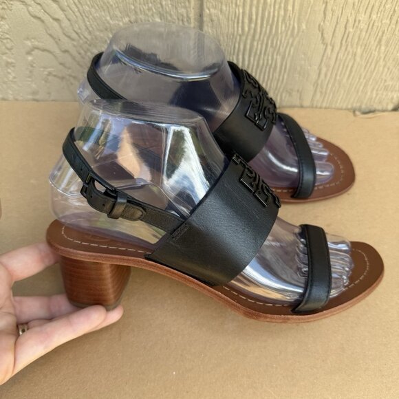 Tory Burch Lowell 2 Block Heel Sandals Shoes Women’s Size 7 Black Logo Leather - Picture 3 of 11